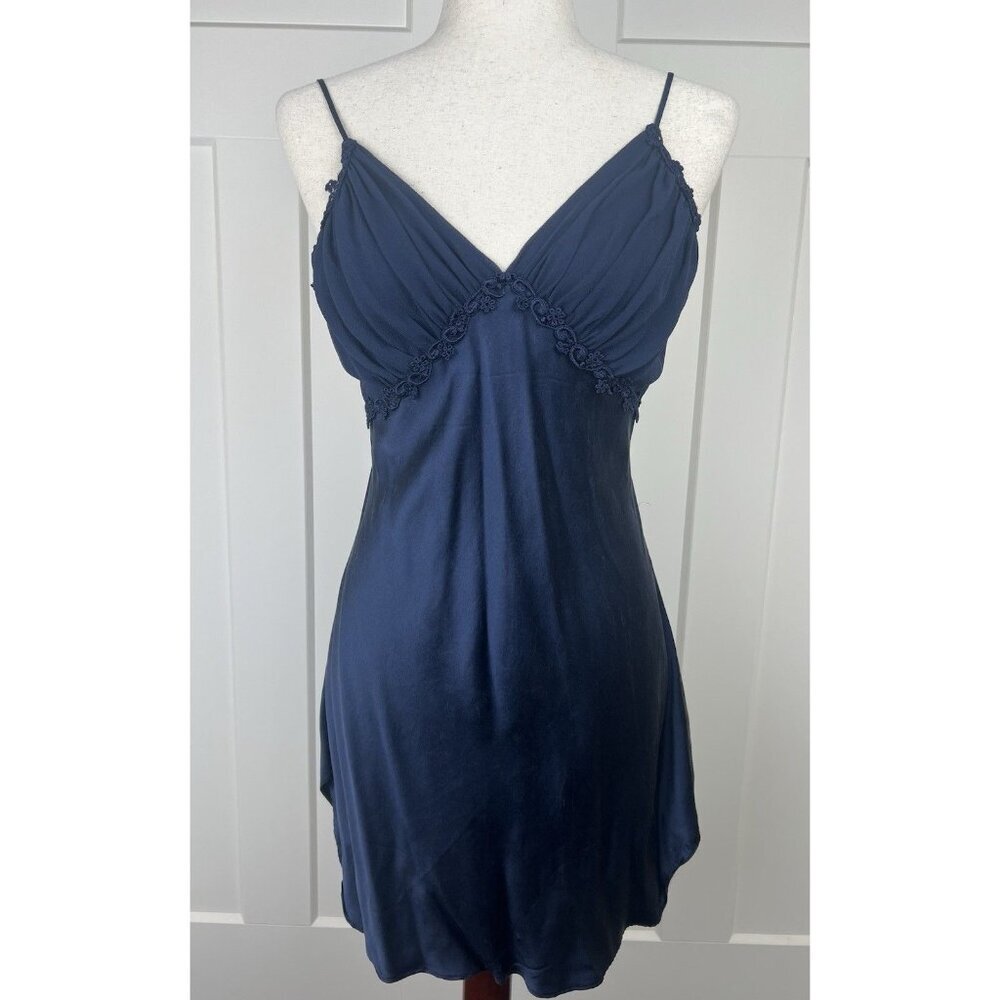Vintage Victoria’s Secret Gold Label 100% Silk Slip Dress Navy Lace Trim M